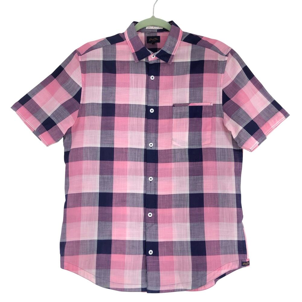 GoodMan Brand Shirt Mens S Pink Navy Plaid Short Sleeve Button Up *TINY FLAW